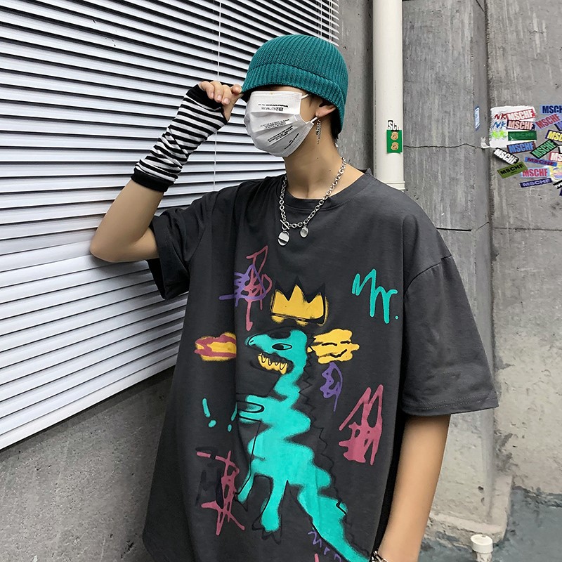 cổng Student in quần áo thời trang lỏng lẻo của nam giới hip-hop T-shirt đường phố đẹp trai tối phận đen CEC siêu lửa ngắn tay cao nam