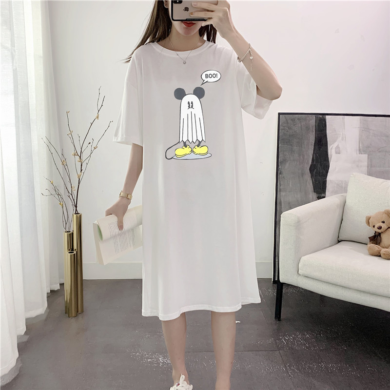 váy của phụ nữ lớn thư Hàn Quốc phiên bản chiếc váy mùa hè cotton t ngắn tay áo đỏ tươi trên đầu gối đùi váy. Loose