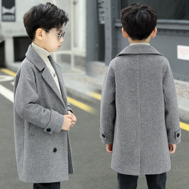 Korean children's wool coat medium long autumn winter wool tweed boy tweed coat medium big boy warm trench coat