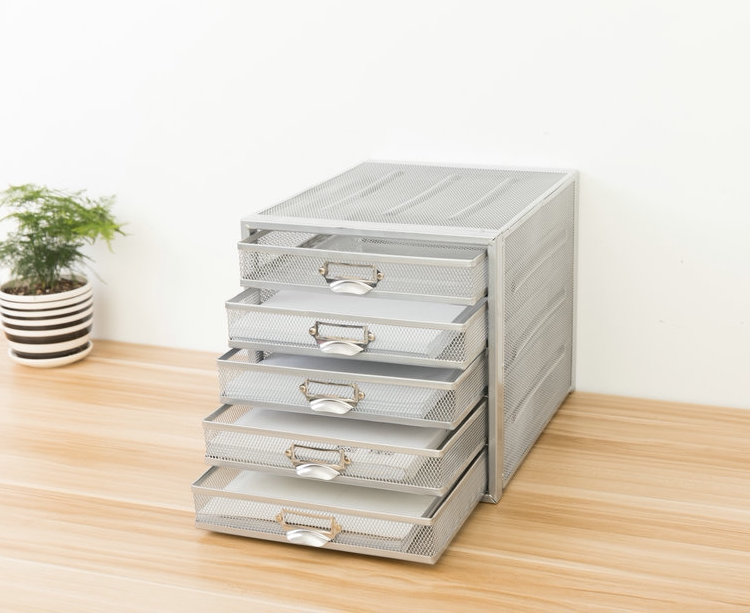 Wrought iron desktop A4 five-layer file cabinet with drawer Metal mesh multi-layer file rack File classification office storage