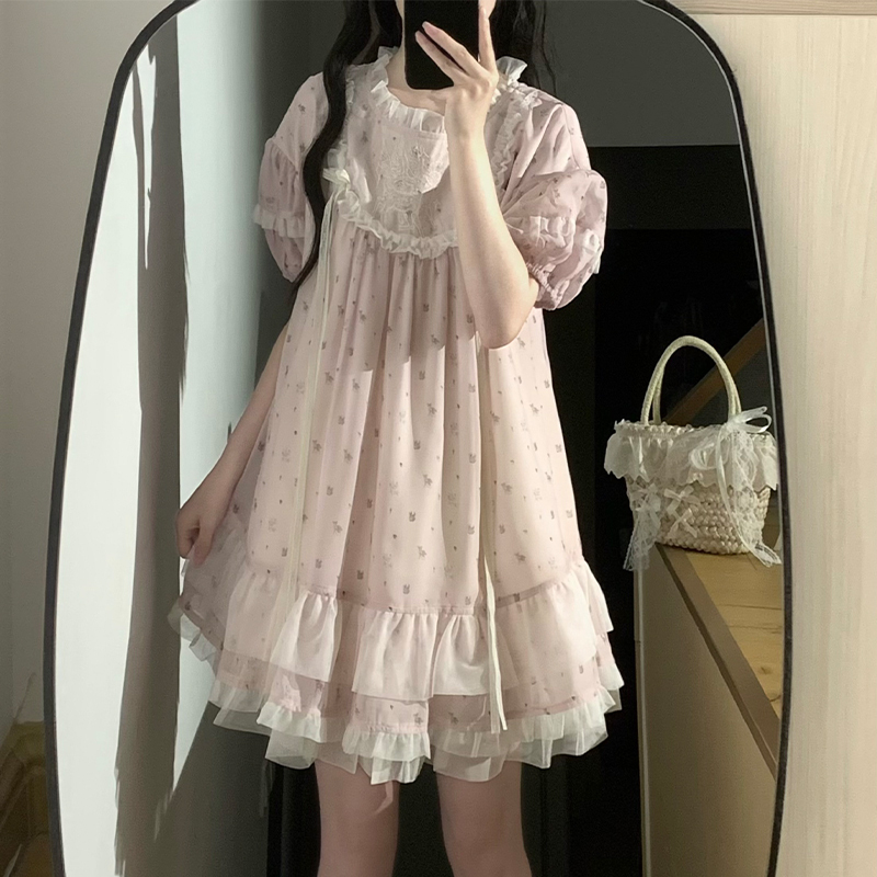 Pinkdog Plum Milk Chiffon Puff Sleeve Doll Dress Pink Sweet Loose Dress Pinkdog Plum Milk Chiffon Puff Sleeve Doll Dress Pink Sweet Loose Dress