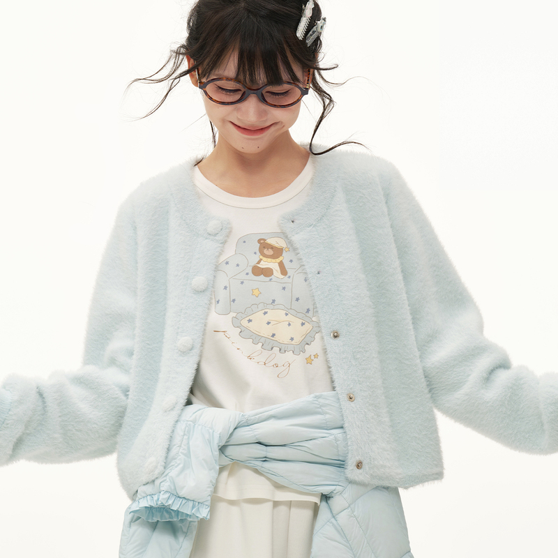Pinkdog Little Amao Short Round-Neck Slimming Soft and Comfortable Knitted Cardigan Sweater Jacket