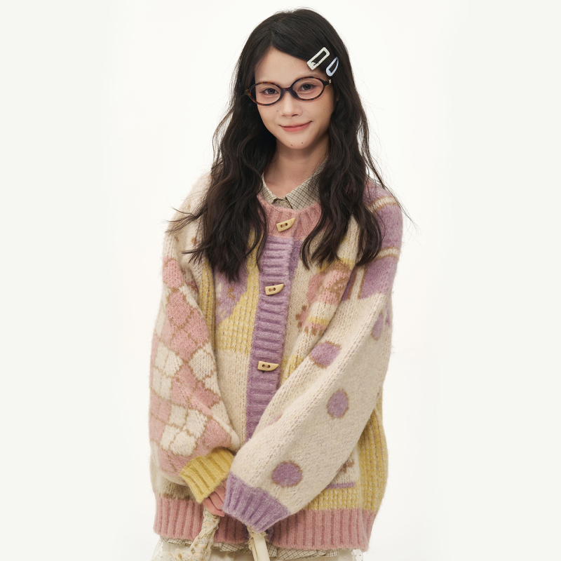 Pinkdog Share Cardigan French Tea Break Style Fair Isle Sweater Loose Color-Blocked Knit Jacket