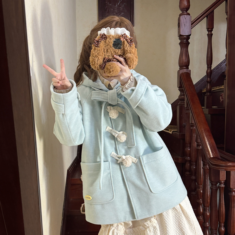 Pinkdog Mint Candy Hooded Wool Coat with Horn Buttons and Bow Tie