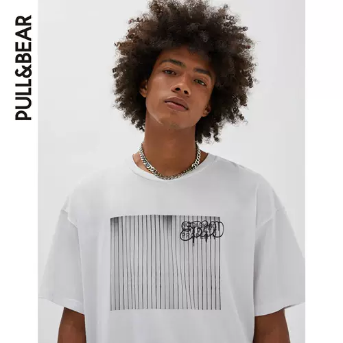 Pull & amp; Bear Men's 2021 Новый белый STWD PHOTING PREANT Casual -Short -Sleeved T -Fork 08240571250