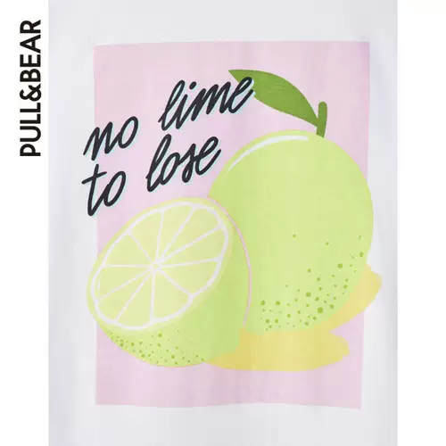 Pull & amp; медведь японская милая мультипликационная короткая лимонная иллюстрация белая мягкая милая T -Fork Women's Top 05238310