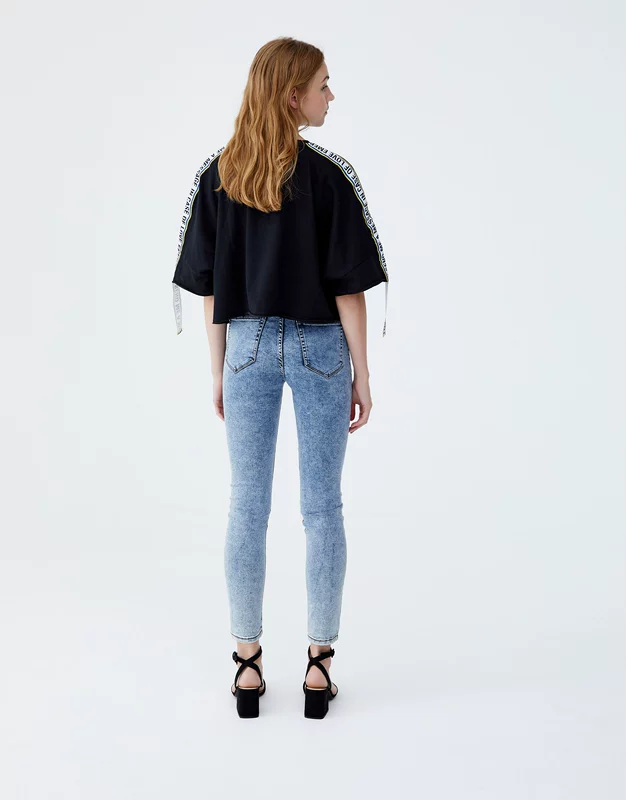PullAndBear mùa thu 2018 mới giặt họa tiết skinny jeans eo cao nữ 09685309