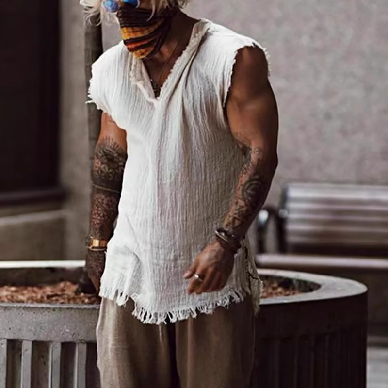 Summer Retro Men's Raw Edge Tank Tops Vintage Cotton Tank Tops Mens Streetwear