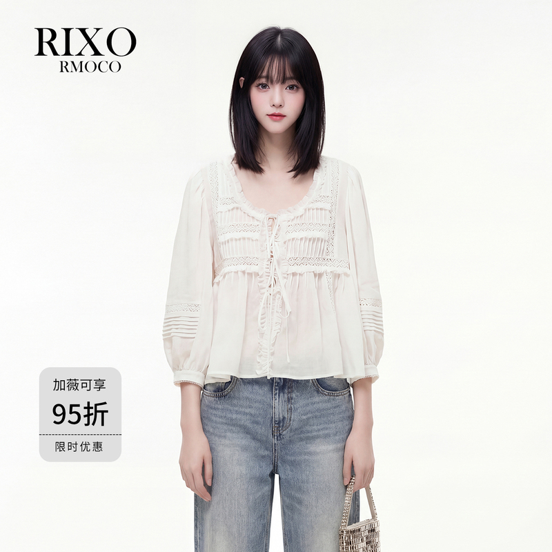 【Rixo Rmoco】French-Style Sweet White Lace Hollow-Out Long-Sleeve Shirt with Ramie Lace-Up Top for Women