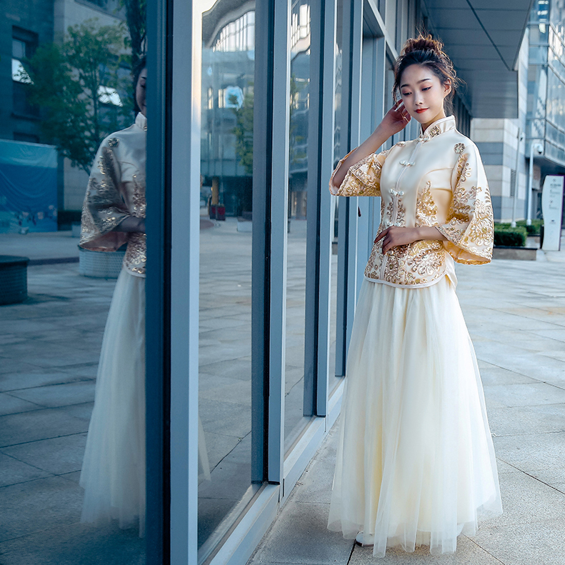 phù dâu Trung Quốc ăn mặc của Trung Quốc retro gió chị nhóm váy dài phù dâu váy sâm banh mật ong váy chương trình đám cưới