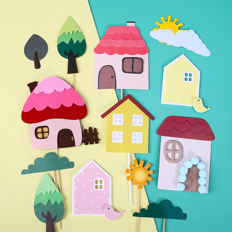 Cartoon Color Tree House Mushroom Sun Moon Clouds Fence Cake Decoration Inserted baking sweet table dress