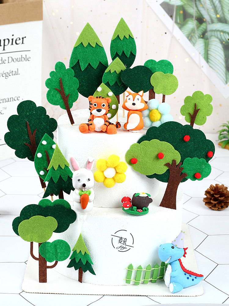 Baking cake decoration forest felt small tree plug-in soft pottery lion rabbit animal doll ornaments