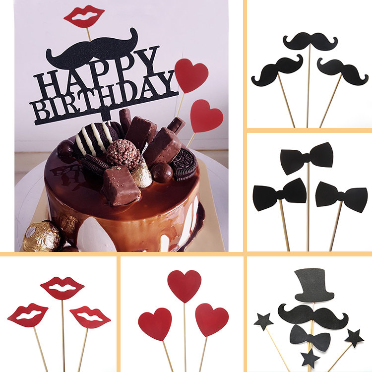 Birthday cake decoration plug-in black hat beard red mouth red heart plug-in baking dessert table dress-up plug-in flag
