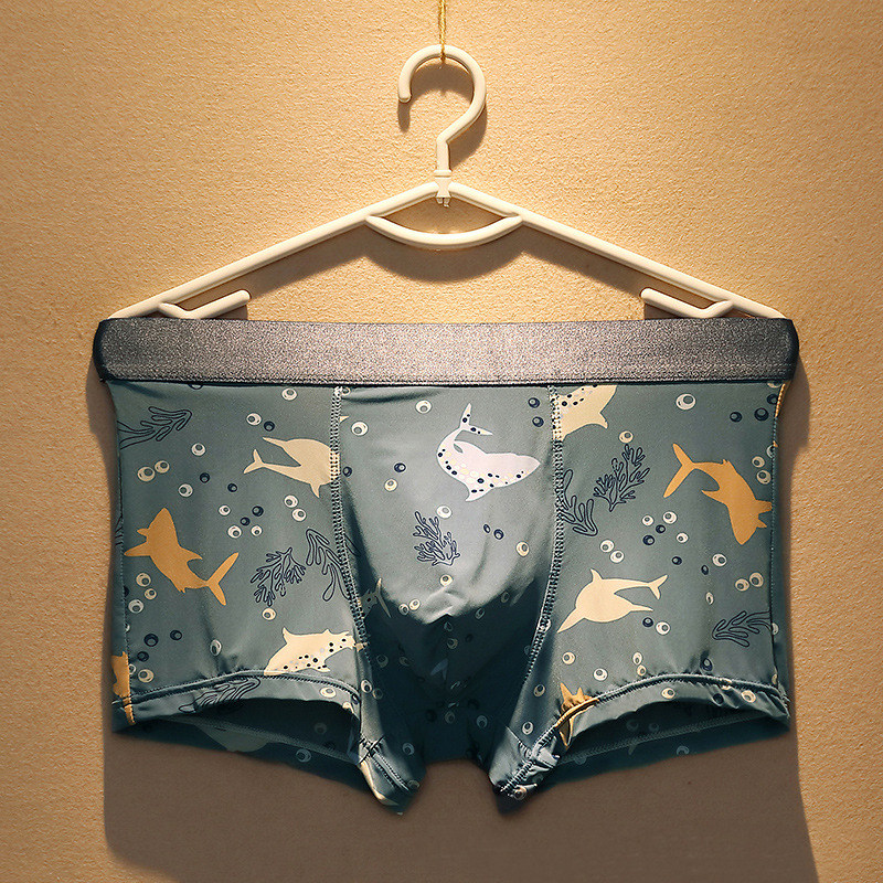 3 Ice Silk Men's Underwear Tide Men's Summer Cool Super Slim Breathable Four-corner Pants Sexy Printed U Convex Corner Shorts