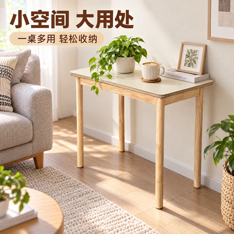 Solid Wood Small Table, Rectangular Narrow Table, Entryway Small Dining Table, Small Apartment Home Study Ikea-Style Cream Side Table