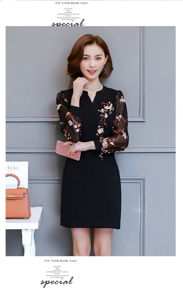 Mùa thu sản phẩm mới kích thước lớn của phụ nữ Hàn Quốc phiên bản của tính khí chất béo mm lỏng mỏng V-Cổ thêu phần dài dài tay ăn mặc đầm kiểu