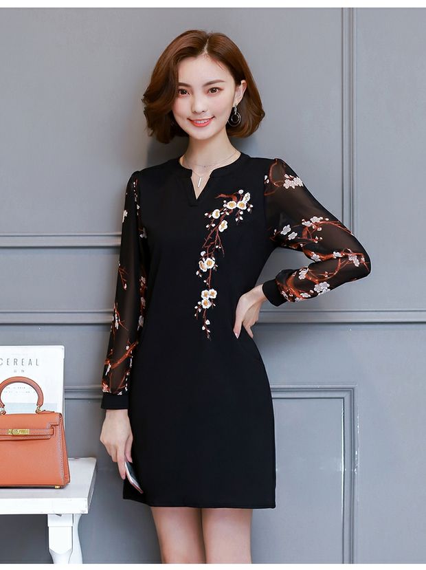 Mùa thu sản phẩm mới kích thước lớn của phụ nữ Hàn Quốc phiên bản của tính khí chất béo mm lỏng mỏng V-Cổ thêu phần dài dài tay ăn mặc đầm kiểu