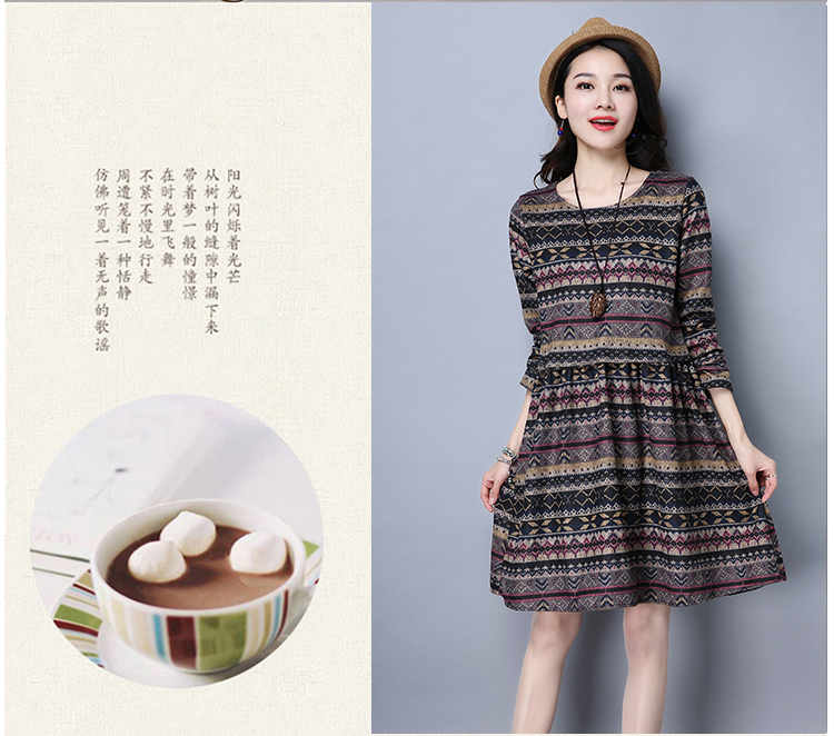 Kích thước lớn của phụ nữ 2017 mùa thu và mùa đông quốc gia mới in ấn phong cách loose mỏng trung dài đáy Một từ dài tay ăn mặc đầm công sở cao cấp
