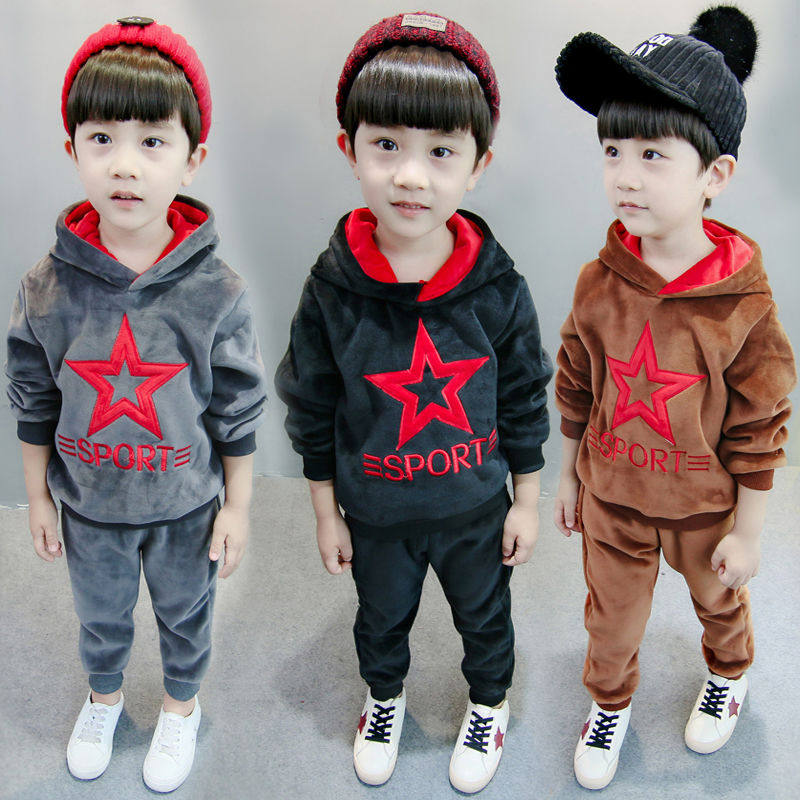 Children's gold velvet suit thickened double-sided velvet autumn suit boy baby autumn and winter clothes boy plus velvet suit