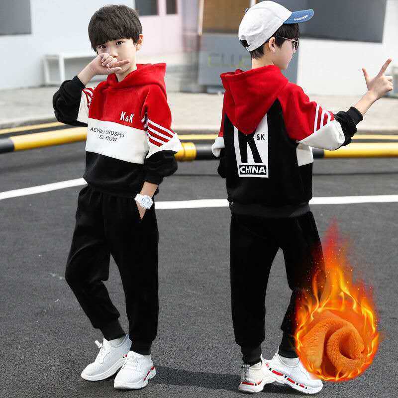 Children's suits boys' autumn and winter suits plus velvet thickening 2021 new middle and big boys' winter gold velvet Korean version