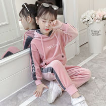 Girls spring and autumn suit 2021 new Korean version of ocean gas gold velvet winter style plus suede thick and large boy two sets damp