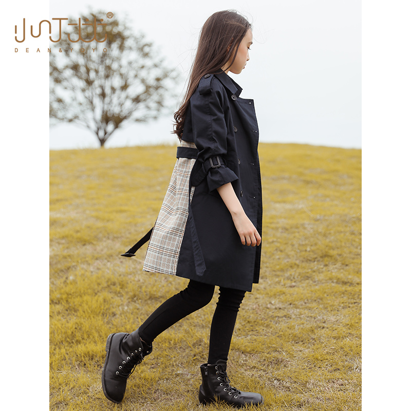 Girls trench coat plaid stitching 2022 new spring and autumn double-breasted waist children's Western style coat British style