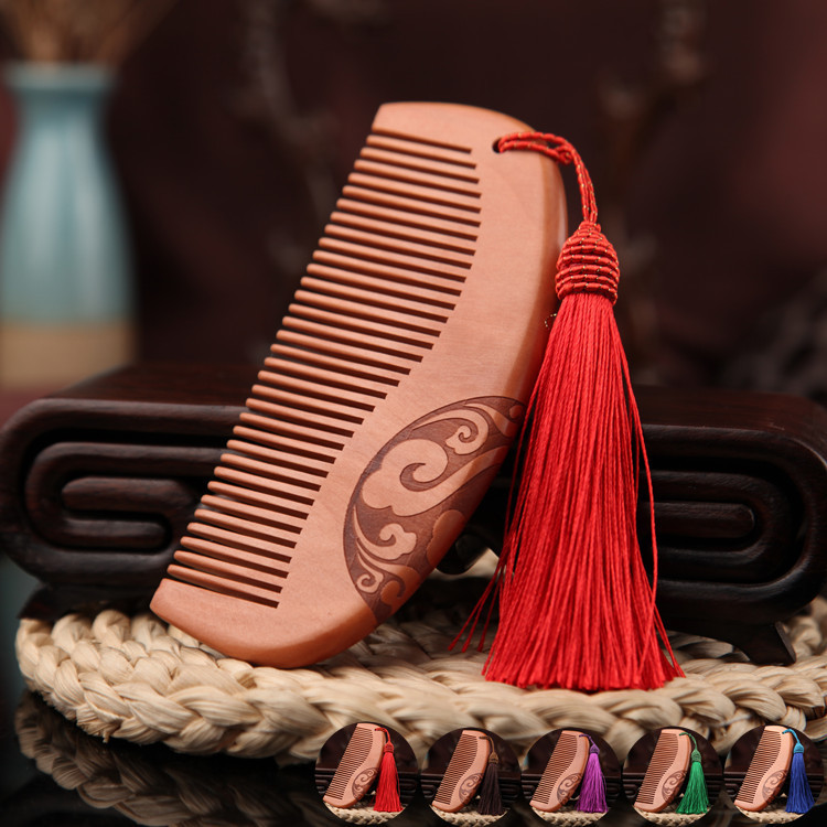 Creative Gift Middle Number Red Spike Double Face Engraving Xiangyun Five Color Streaming Sunanmu Old Peach Wood-coated Wood Comb