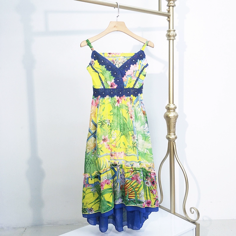 Magic * váy mùa xuân và mùa hè kiểu mới ren sling váy voan dài eo cao váy in thịt Tây Tạng nữ F0433 - Váy eo cao