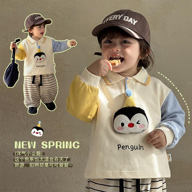 Children's Spring Casual Tops 2026 New Style Baby Stylish Polo Shirt Spring Outfit Cartoon Penguin Turn-Down Collar 61768