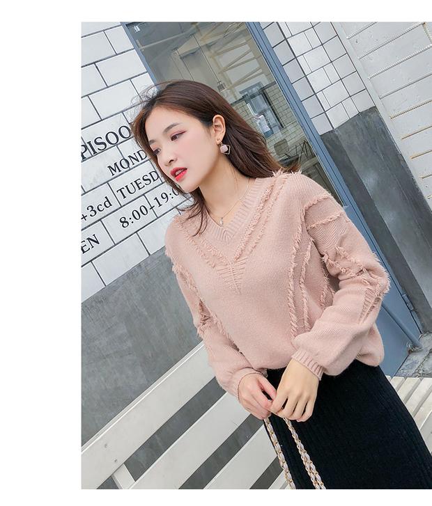 Áo dệt kim nữ tay dài mùa thu 2018 mới bộ tua rua màu hồng cổ chữ V màu đỏ tops Áo len gió lửng ngọn áo cổ lọ
