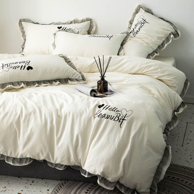 ins net red water washed cotton four sets princess windy side quilt cover bed linen single double student dorm room three sets 4-Taobao