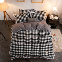 Korean version Color weave washed cotton Four pieces of lace Quilt Cover Striped Plaid sheet Princess Wind 1 82 m Bed Bedding