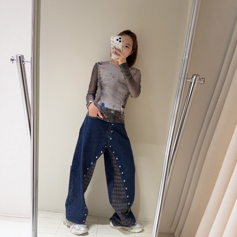 2026 Summer New Is Style Studded Plaid Patchwork Scimitar Jeans Fake Two-Piece Scimitar Loose Casual Pants