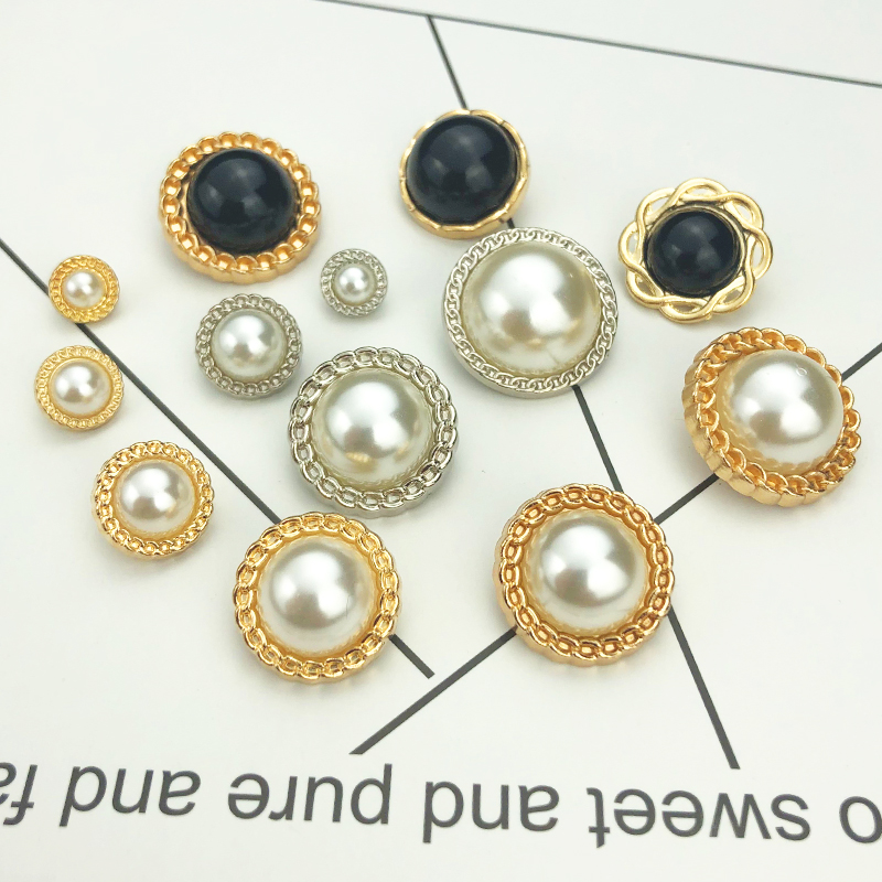 Metal pearl button chain edge black silver button shirt cardigan sweater coat all-match decorative women