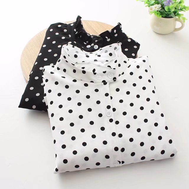 Áo sơ mi nữ mùa thu 2018 mới cộng với phân bón XL chất béo gỗ mm cổ búp bê sóng voan tay dài áo sơ mi nữ hàn quốc