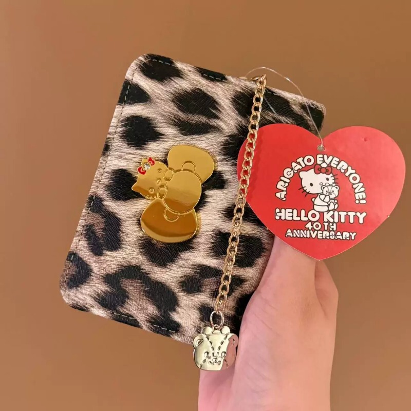 Japanese Lorz Kitty Collaboration Leopard Print Short Wallet with Multiple Card Slots, Coin Purse, Card Holder, Cute Brown Wallet