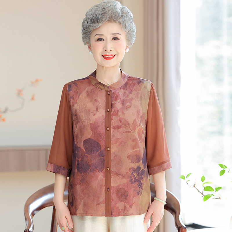 Middle-Aged and Elderly Women's Five-Quarter Sleeve Shirts, Fashionable and Elegant Mother's Floral Tops, Summer Thin Grandma-Style Shirts
