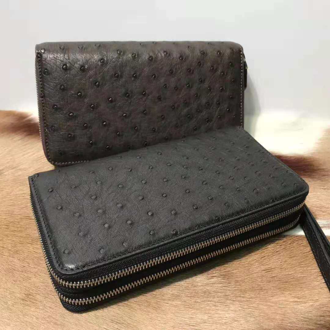 Authentic ostrich leather handbag for men's genuine leather handmade long version business clip-bag fashion retro grain screens double zipper