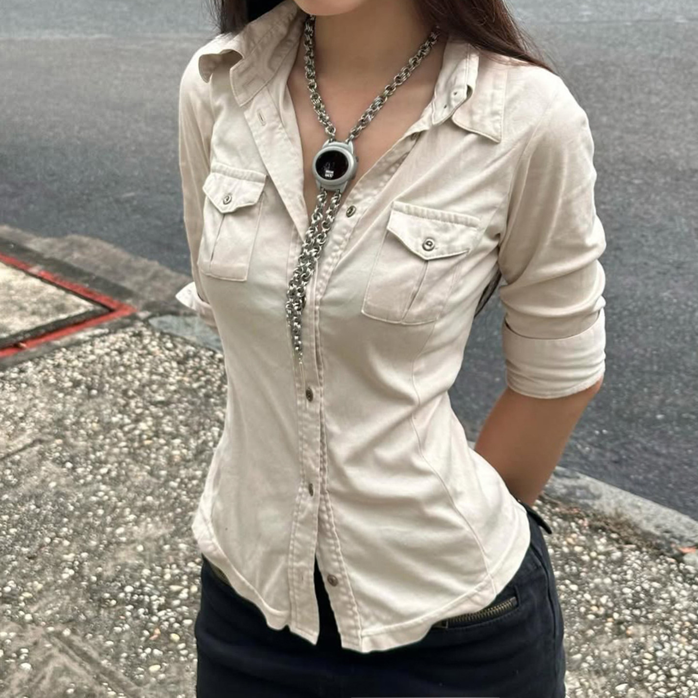 The MSYOUCAN Utility Crop – Vintage Workwear Shirt with Cinched Waist, Multi-Pockets & Retro Street Attitude - Image 2