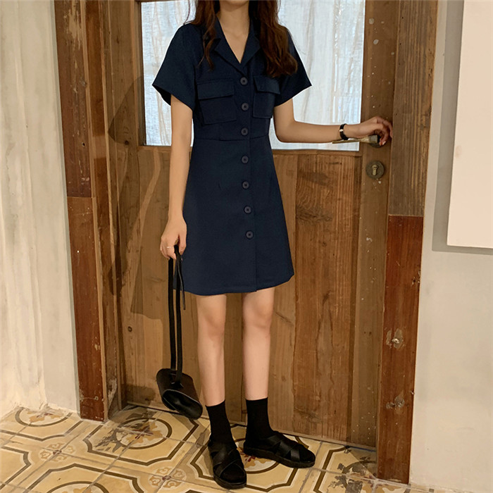 VK旗艦店 韓系時尚排扣雙口袋短袖洋裝