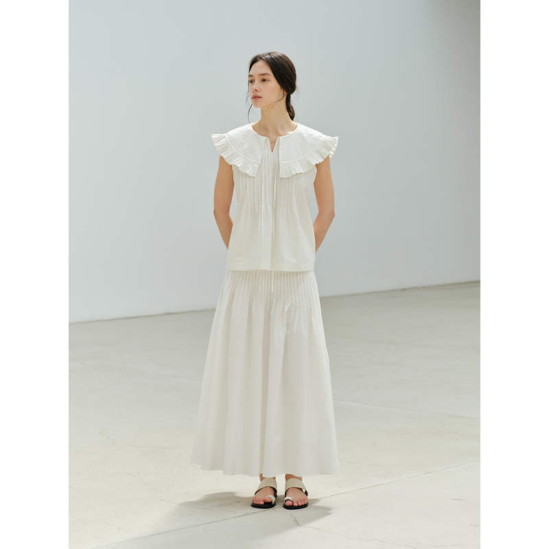 Maou Create 14 Handmade Tuck Pleats Pure Cotton Niche Design Hooded Sleeveless Top and Skirt Set
