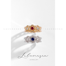 The Moon is the sea 18K gold retro elegant hollow niche carved design diamond ring Ruby Sapphire girl