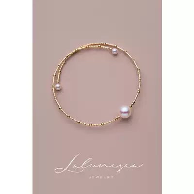 The moon is the sea fiber imported from Japan 18k gold brushed gold tube adjustable aurora pearl bracelet
