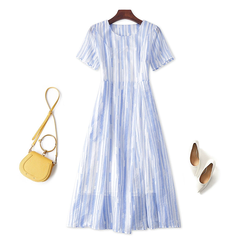 Mùa hè sọc xanh váy phổ biến phụ nữ ol tươi màu xanh và trắng in khí lỏng tay áo ngắn - Váy eo cao