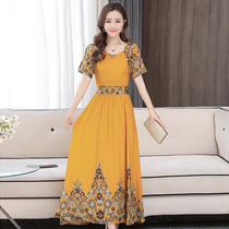 Ethnic Wind Pure Cotton Silk Dress Woman Summer Middle Aged Mother Young to receive waist display slim over knee large swing long skirt