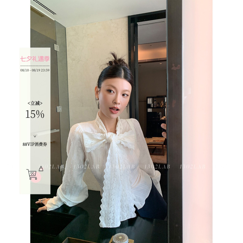 1302Lab High-End French-Style Heavy Lace Patchwork White Shirt with Large Bow, 2026 Spring New Model, Stunning Top