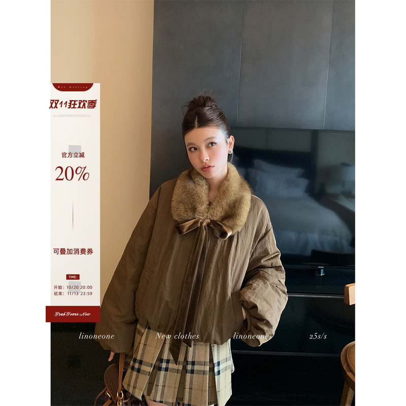Linoneone Winter Warmer Vintage Chocolate Brown Age-Reducing Lantern Sleeve Short down Jacket with Fur Collar