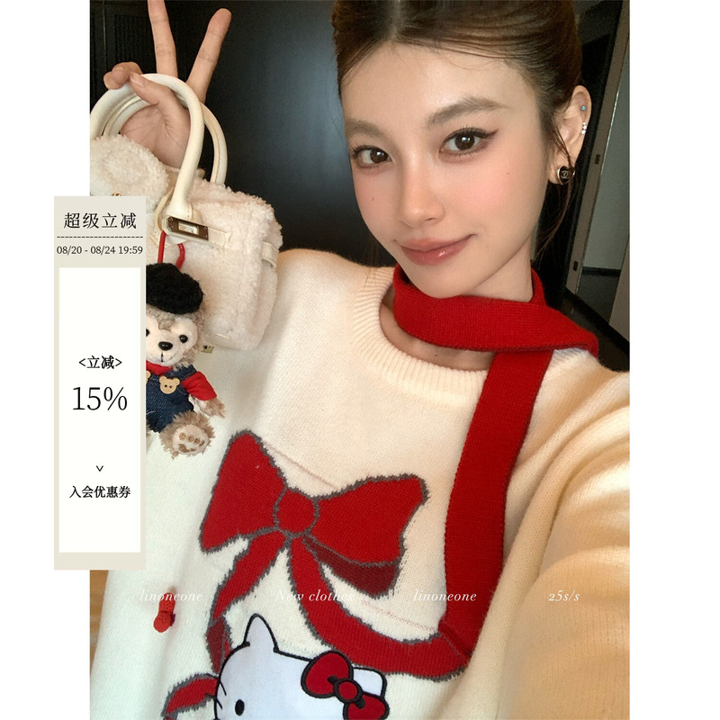 Linoneone Christmas Katie Zhang Ruonan's Same Style Three-Dimensional Red Ribbon Gift Embroidered Knitted Sweater