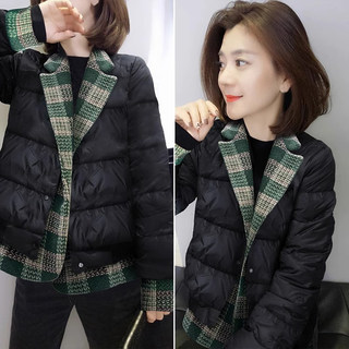 Black down Cotton Jacket for Women, Autumn and Winter 2026 New Korean Style, Petite, Lightweight Cotton Coat, Fake Two-Piece Jacket