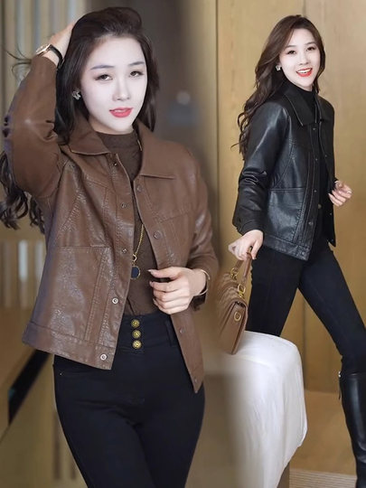 Leather jacket women's autumn and winter 2026 new velvet short small Hong Kong style casual motorcycle leather jacket top